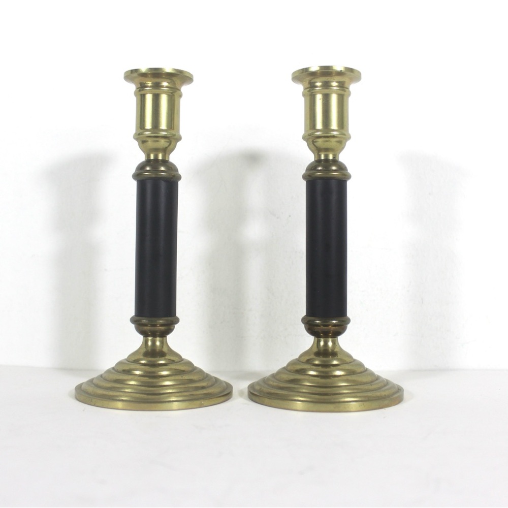 Mid Century Set of Two Vintage Brass and Black Candle Holders